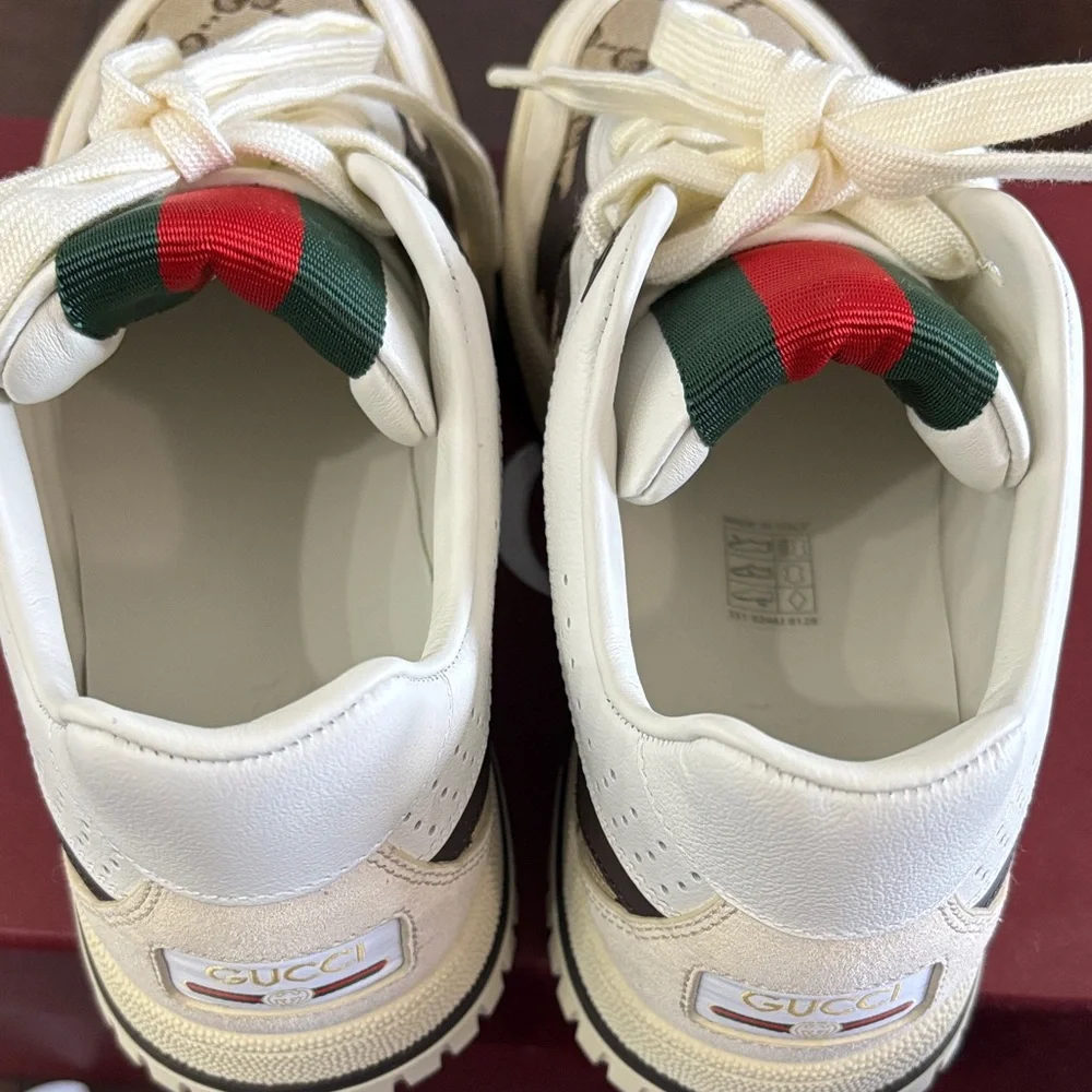 Gucci white and Brown Logo-Print Sneakers with Red & Green Detail
